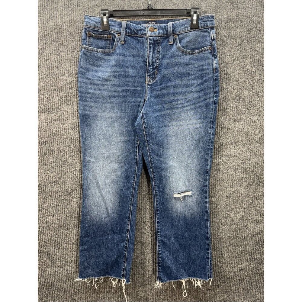 J Crew Mid Rise Flare Crop Jeans Womens 29 Blue Denim Raw Hem Distressed BI381
